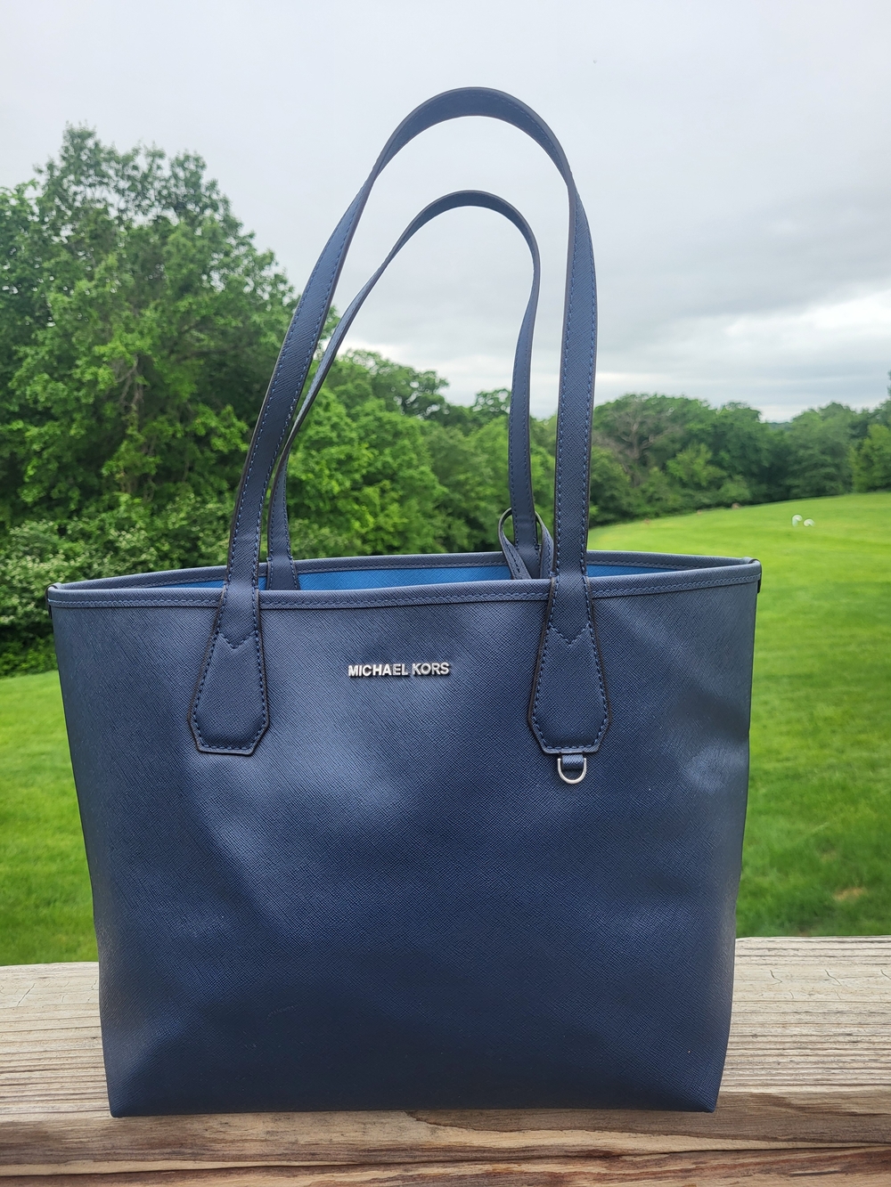 Michael Kors Navy Blue Saffiano Leather Reversible Tote Bag With Pouch